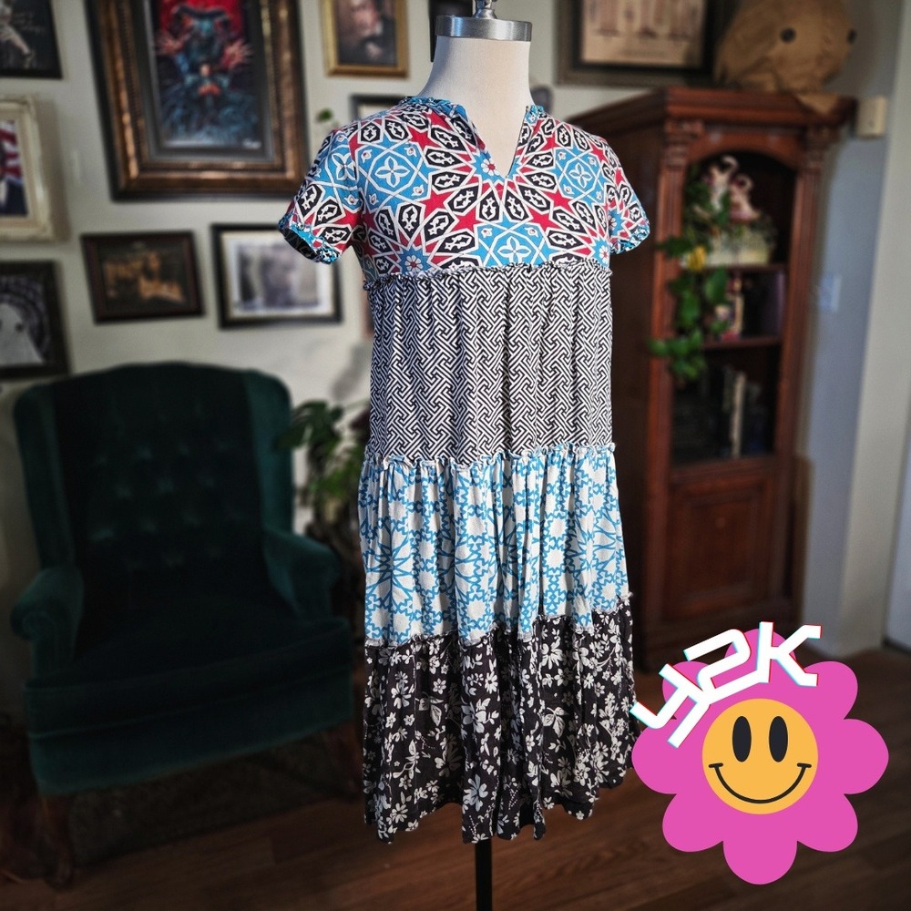 Vintage Y2K Baboona Kuwait Mixed Print Tiered Mini Dress‎ Floral Geometric